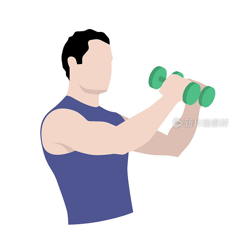 Muscled man fitness training and doing exercises with gym weights, dumbbells. Flat style vector illustration.
